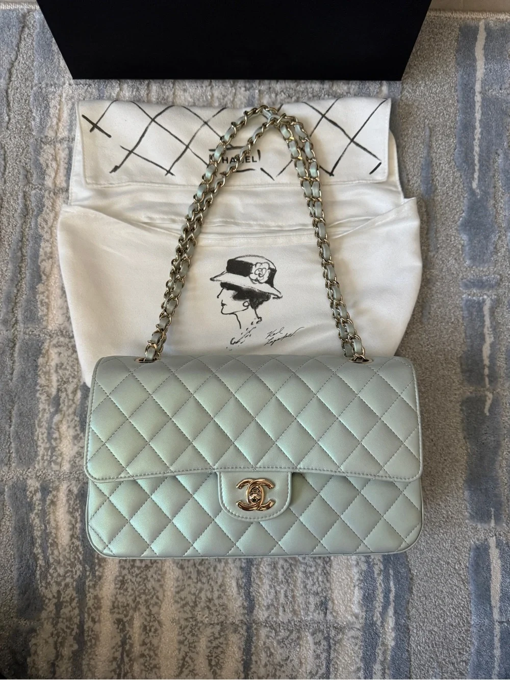 Chanel Iridescent Blue Medium Classic Flap Bag Quilted Lambskin Gold Hardware